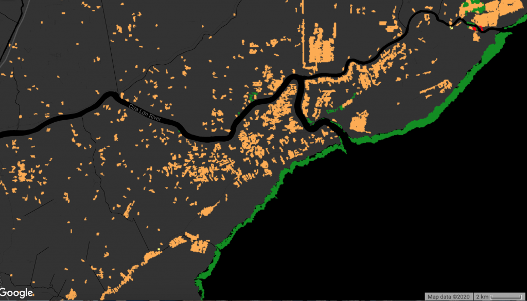 This map of the Mekong Delta, Vietnam indicates that commodities (orange) and erosion (green) are the two largest drivers of loss for this area during the 21st century.
