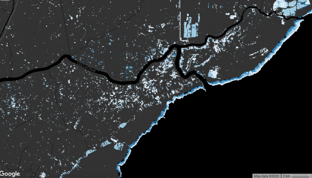 This second map of the same area indicates the loss of mangroves over time. Loss is show in five year increments: 2000-2005 (light blue), 2005-2010 (medium blue), and 2010-2015 (dark blue).